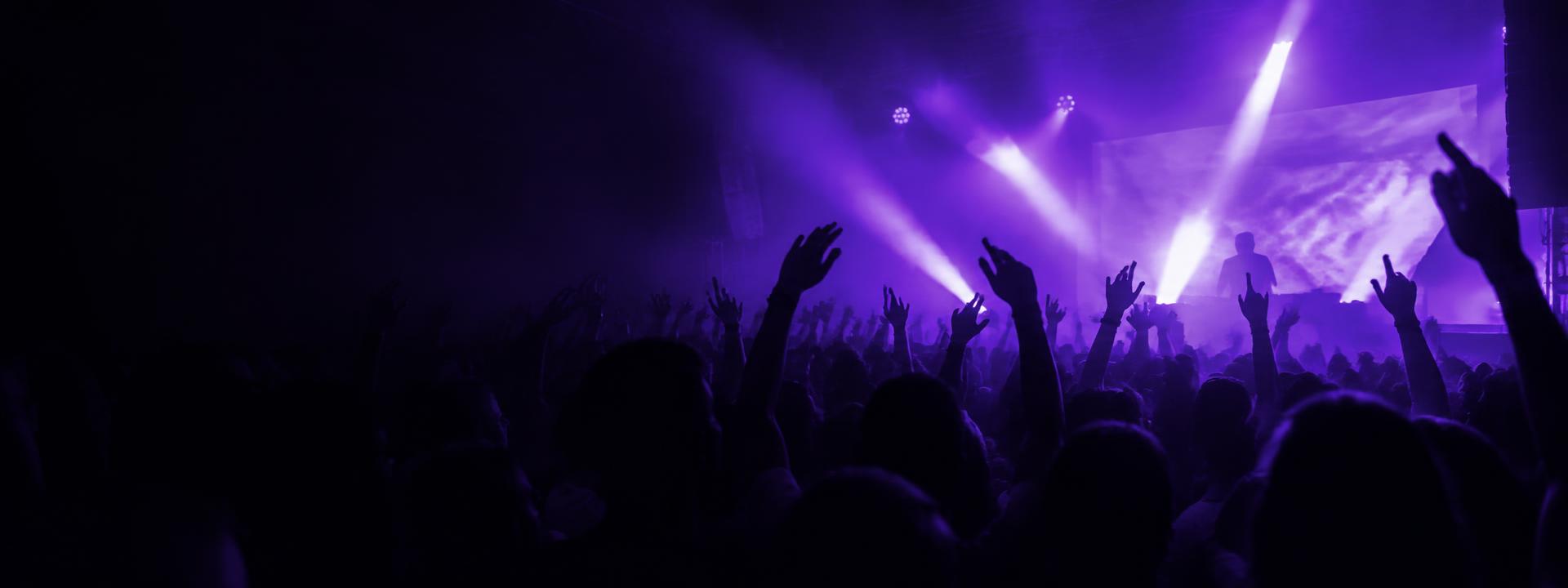 Club crowd with hands raised under purple lights
