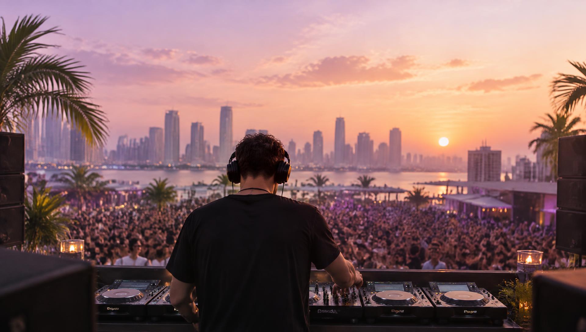 DJ playing a sunset set in front of a festival crowd